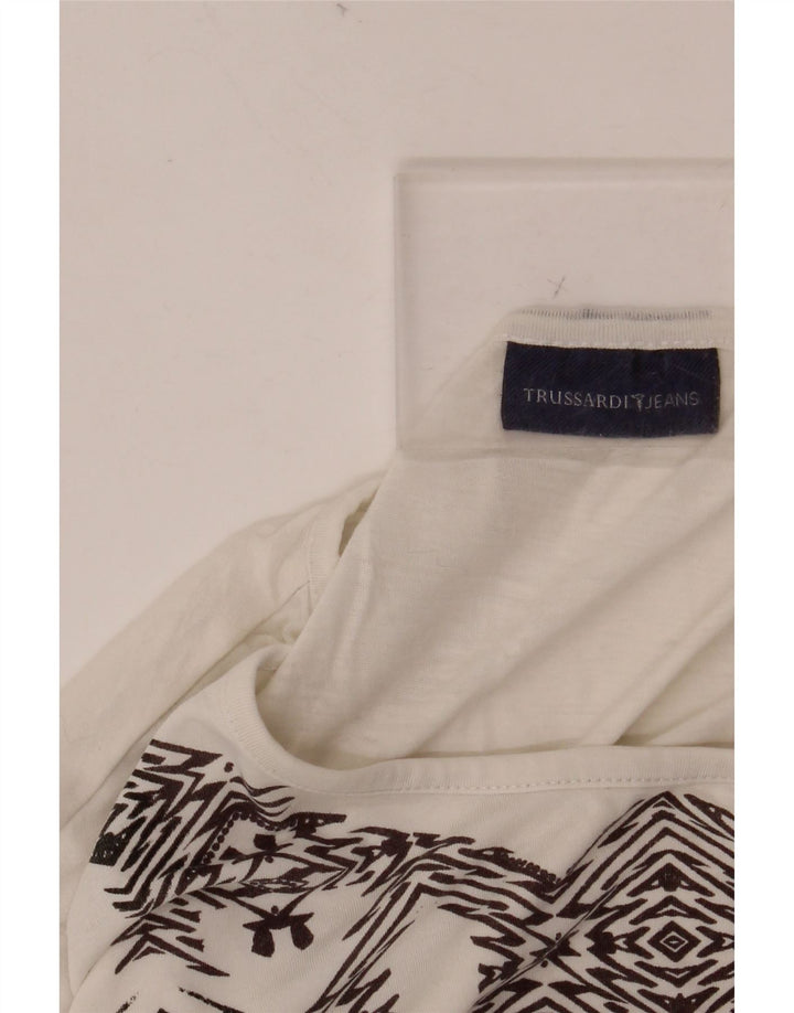 TRUSSARDI JEANS Γυναικείο γραφικό T-shirt Top UK 14 Large White Geometric