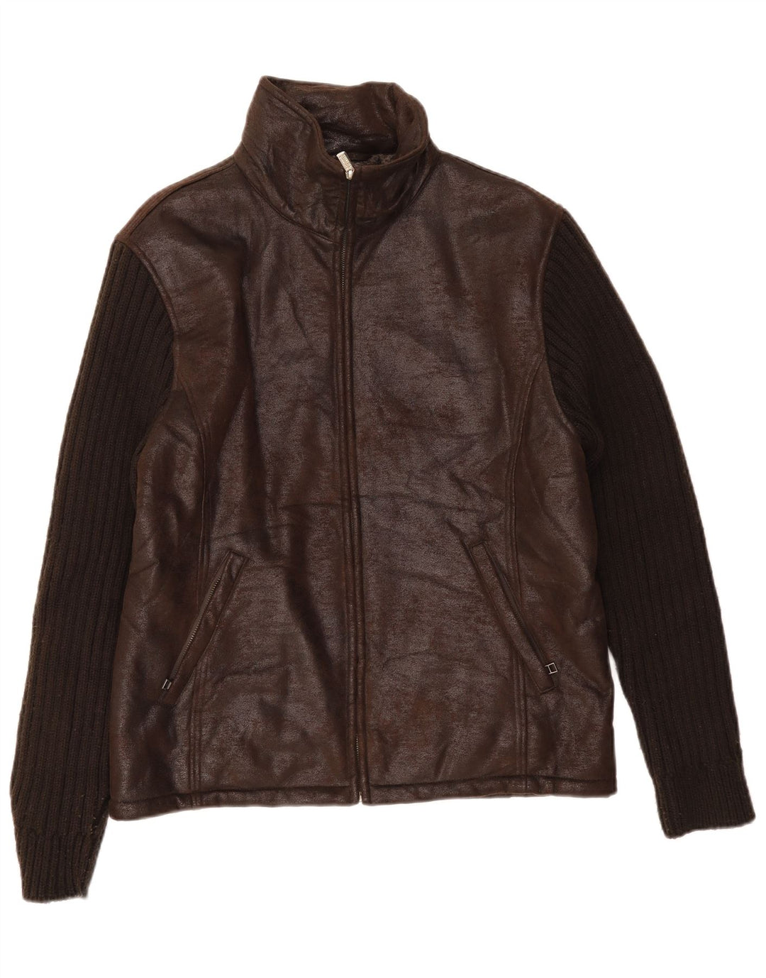 Vintage Ανδρικό δερμάτινο μπουφάν UK 36 Small Brown Colourblock Πολυεστέρας