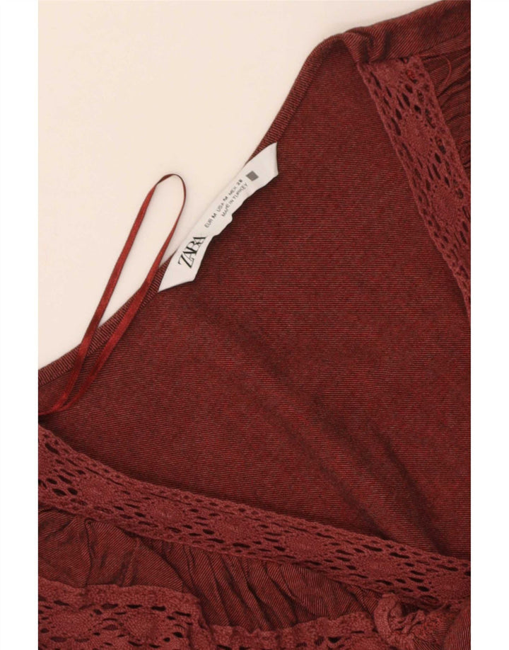 Zara Γυναικεία βολάν μπλούζα μπροστά μακρυμάνικη μπλούζα UK 12 Medium Maroon