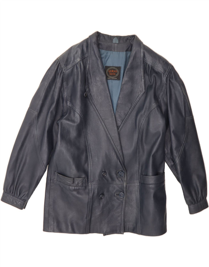 WALLACE SACKS Womens Double Breasted Jacket UK 14 Large Navy Blue Leather Vintage Wallace Sacks and Second-Hand Wallace Sacks from Messina Hembry 