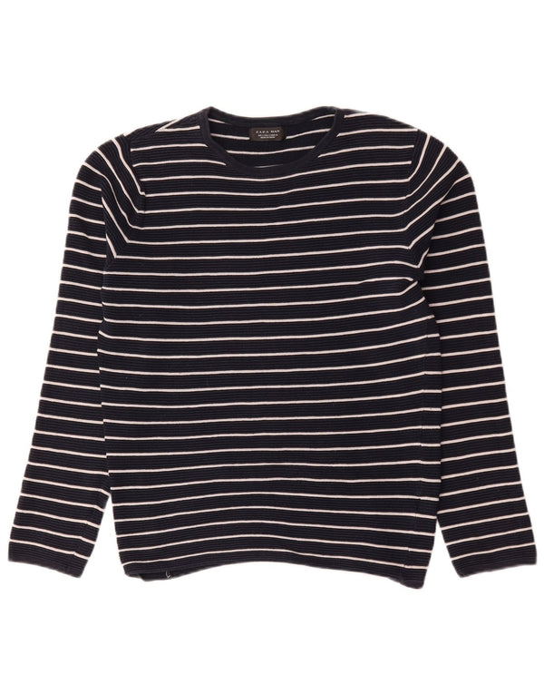 Zara Mens Crew Neck Jumper Sweater Small Navy Blue Striped Cotton