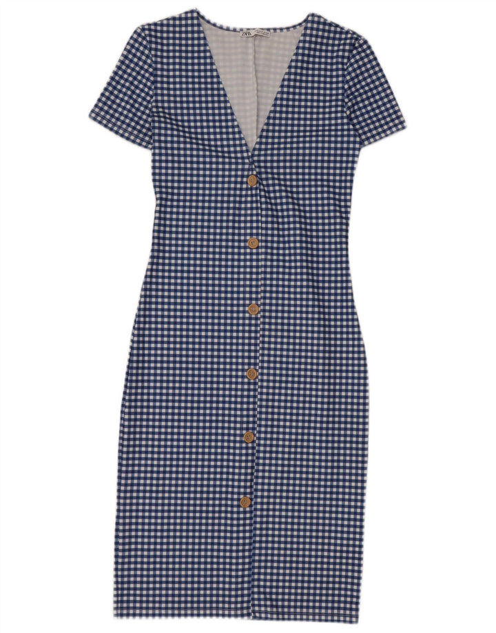 Zara Γυναικείο Bodycon Φόρεμα UK 8 Small Blue Gingham Polyester