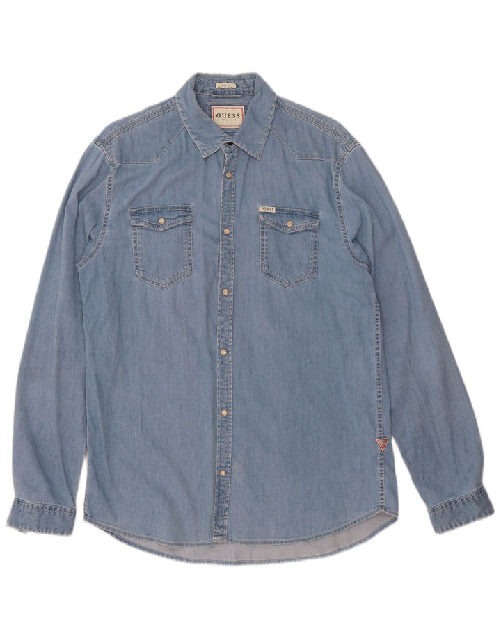 Ανδρικό τζιν πουκάμισο Guess Slim Fit, μεσαίο μπλε βαμβακερό