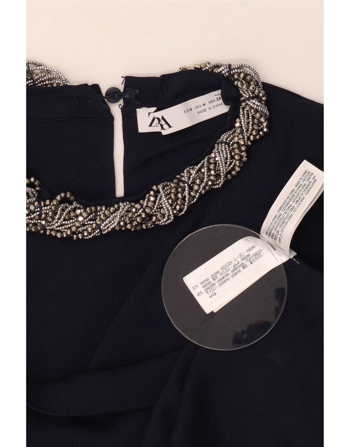 Zara Γυναικεία Crop Μπλούζα Τοπ UK 12 Medium Navy Blue Viscose