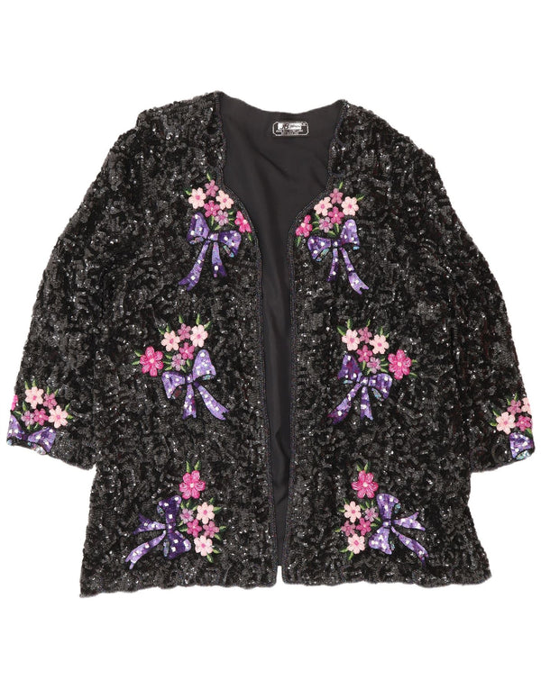 Vintage γυναικεία παγιέτα ζακέτα UK 24 4XL Μαύρο φλοράλ μετάξι