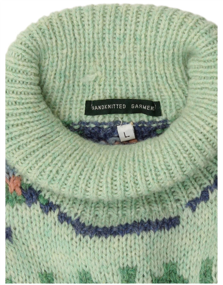 Vintage γυναικείο χειροποίητο πουλόβερ με ρολό λαιμόκοψη UK 16 Large Green Aztec