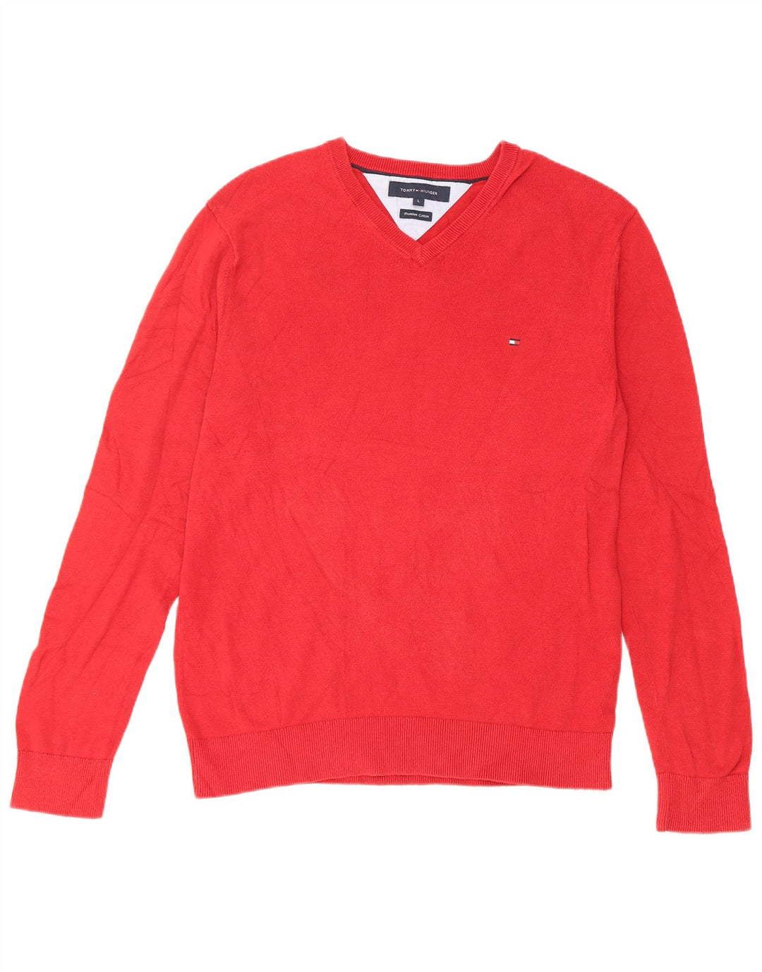 Ανδρικό πουλόβερ Tommy Hilfiger με V λαιμόκοψη, μεγάλο κόκκινο βαμβακερό