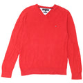 Ανδρικό πουλόβερ Tommy Hilfiger με V λαιμόκοψη, μεγάλο κόκκινο βαμβακερό