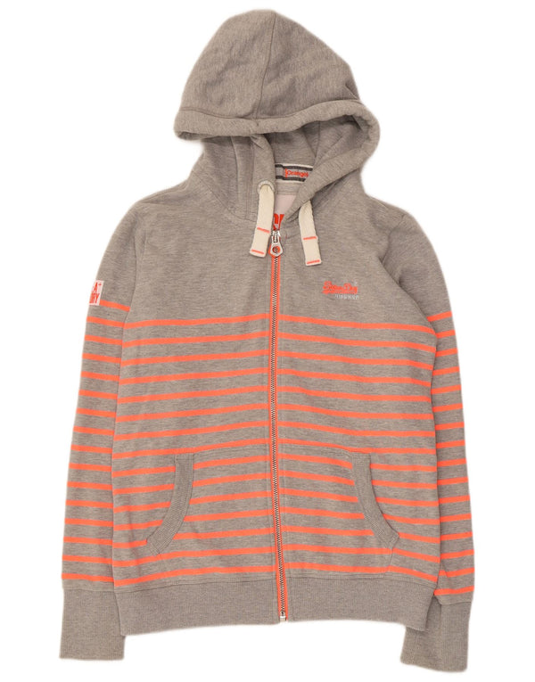 Superdry γυναικείο πουλόβερ με κουκούλα με φερμουάρ UK 14 μεγάλο γκρι βαμβακερό ριγέ