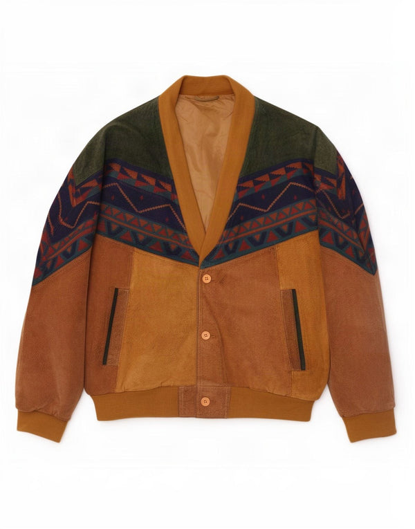Ανδρικό Vintage Loose Fit Suede Bomber Jacket UK 38 Medium Beige Geometric