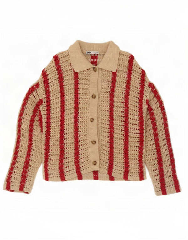 Zara Γυναικείο πουλόβερ με βελονάκι ζακέτα UK 10 Small Beige ριγέ