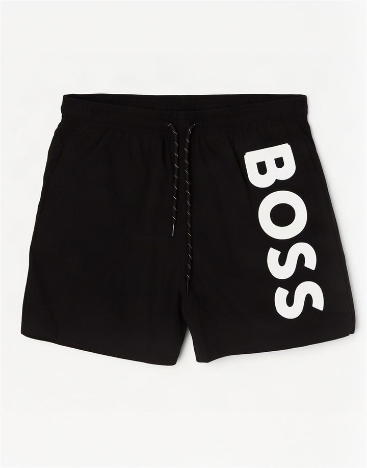 Ανδρικό γραφικό σορτς κολύμβησης Hugo Boss, μεσαίο μαύρο πολυαμίδιο