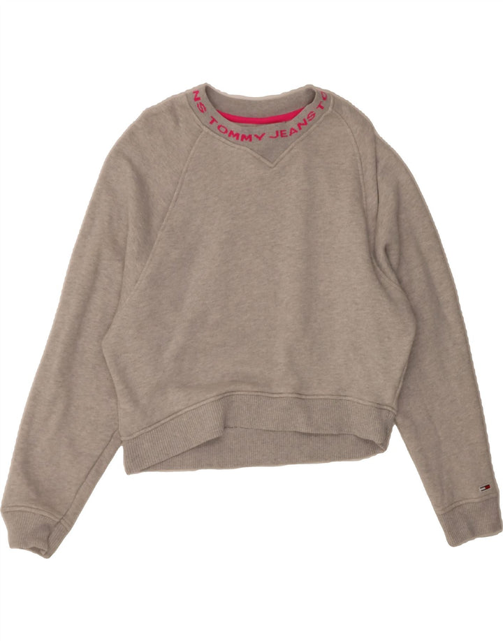 TOMMY HILFIGER Womens Oversized Crop Sweatshirt Jumper UK 10 Small Grey Vintage Tommy Hilfiger and Second-Hand Tommy Hilfiger from Messina Hembry 