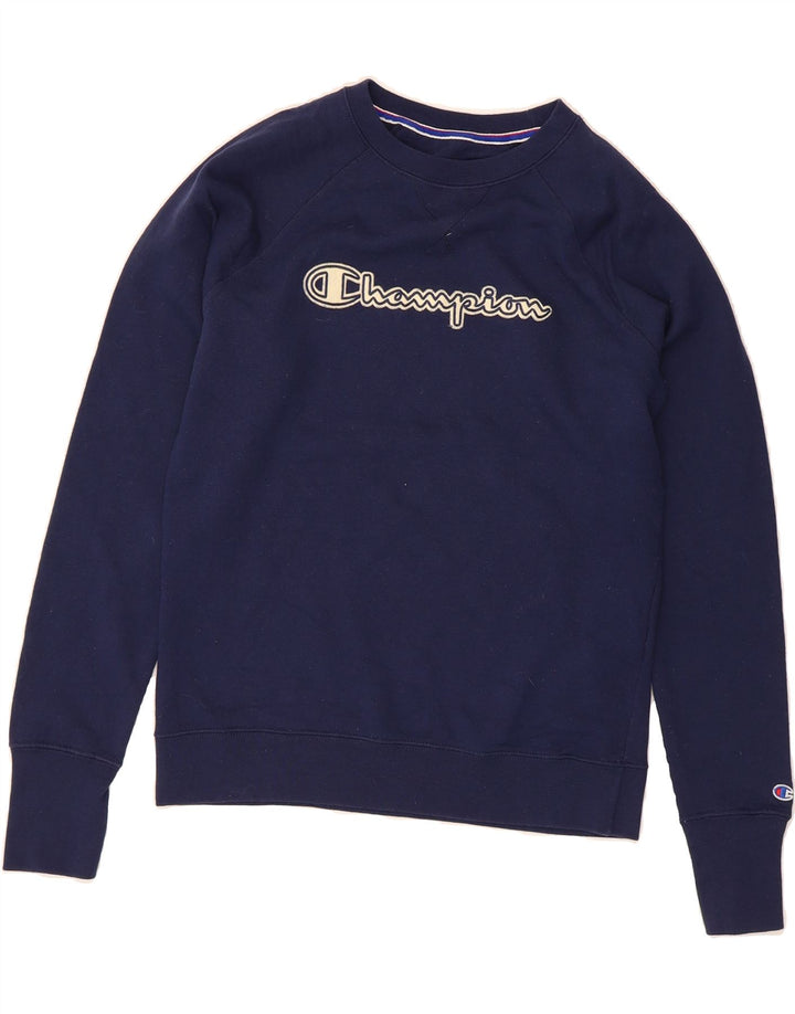 CHAMPION Womens Graphic Sweatshirt Jumper UK 14 Medium Navy Blue Polyester Vintage Champion and Second-Hand Champion from Messina Hembry 