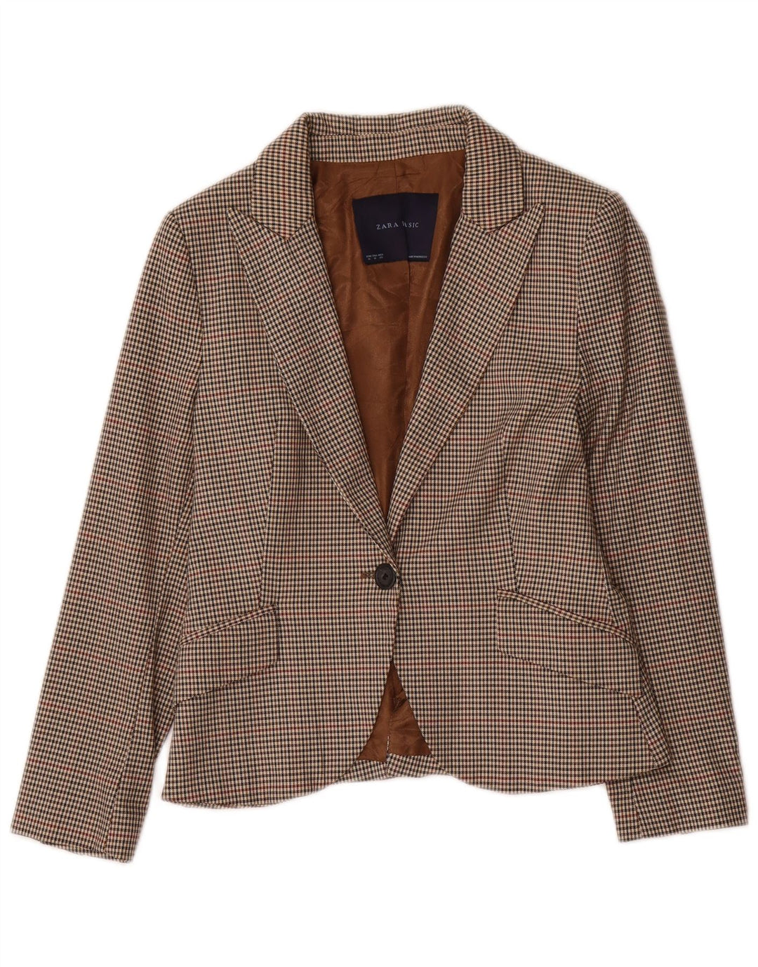 ZARA Womens Crop 1 Button Blazer Jacket UK 12 Medium Brown Houndstooth