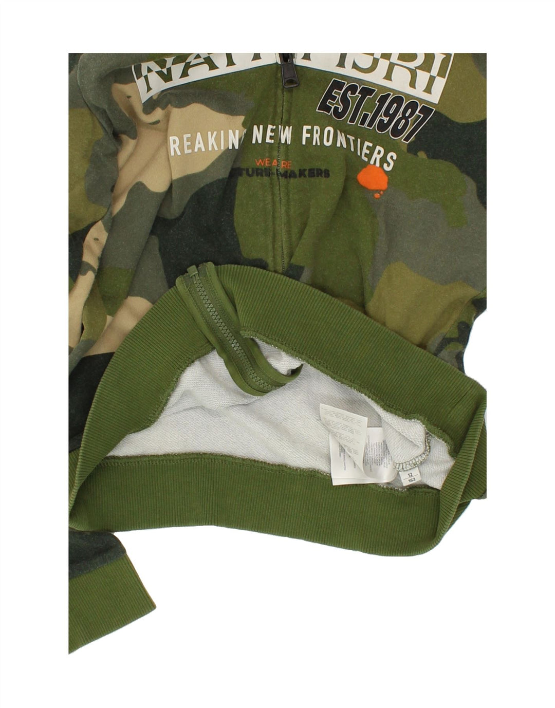 NAPAPIJRI Boys Graphic Zip Hoodie Sweater 11-12 Years Green Camouflage Vintage Napapijri and Second-Hand Napapijri from Messina Hembry 
