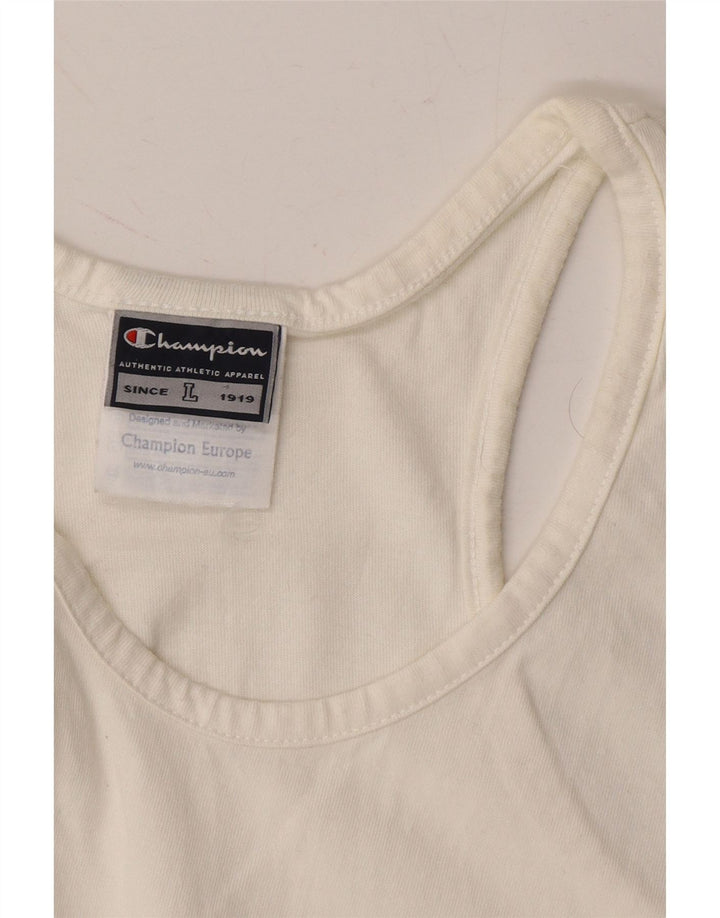 CHAMPION Womens Graphic Vest Top UK 14 Large White Cotton Vintage Champion and Second-Hand Champion from Messina Hembry 
