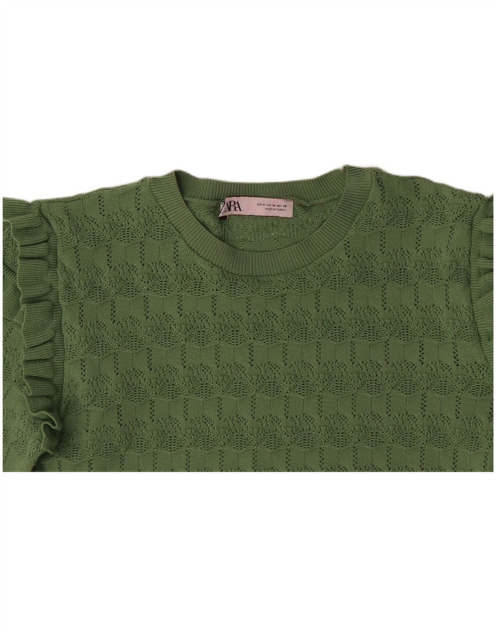 ZARA Womens Crop Boat Neck Jumper Sweater UK 12 Medium Green Polyester