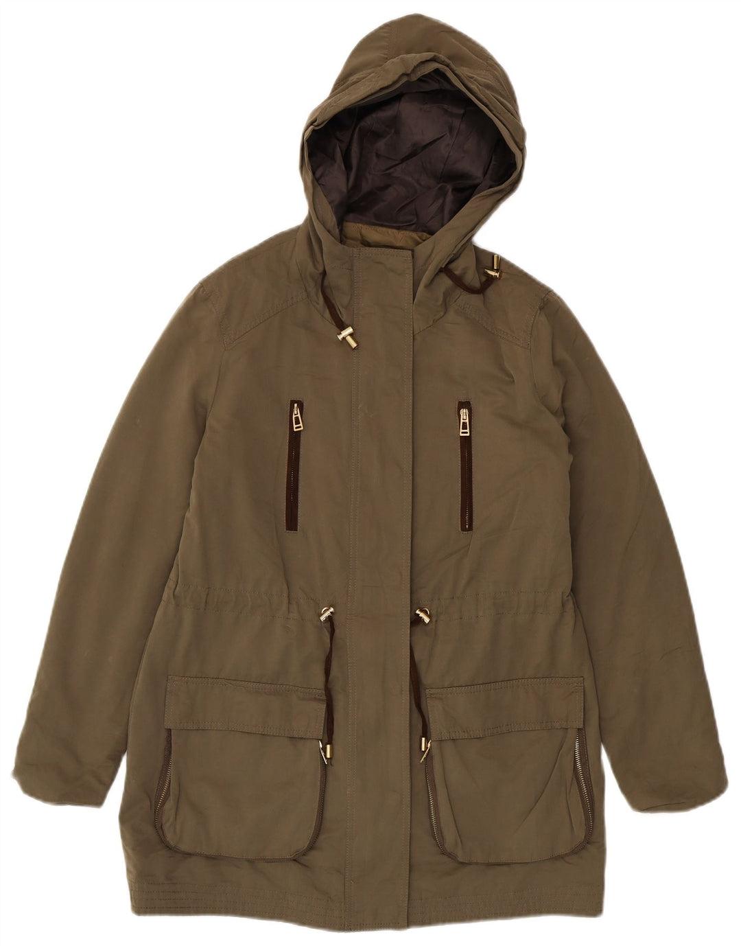 Zara Γυναικείο μπουφάν Parka με κουκούλα UK 16 Large Khaki Polyester