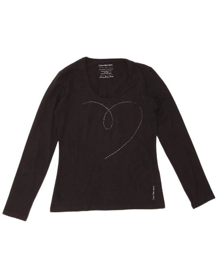 CALVIN KLEIN JEANS Γυναικείο γραφικό τοπ μακρυμάνικο UK 14 μεγάλο μαύρο βαμβακερό