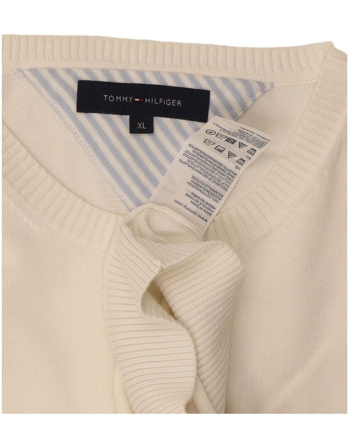 Ανδρικό πουλόβερ Tommy Hilfiger με V λαιμόκοψη XL λευκό βαμβακερό κλασικό