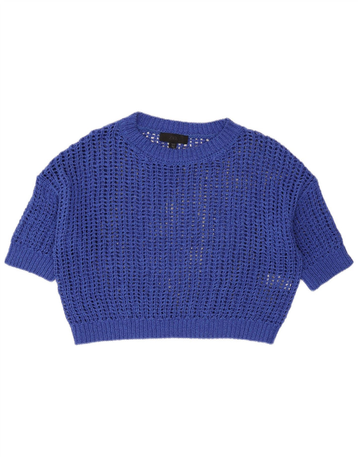 Zara Γυναικεία Oversized See Through Knit Crop Top UK 10 Small Blue Cotton