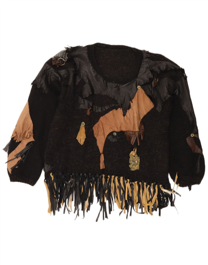 Vintage γυναικείο πουλόβερ με λαιμόκαυμα UK 14 Medium Black Patchwork