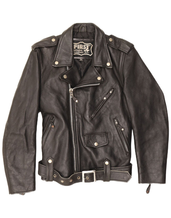 First Mens Leather Biker Jacket UK 34 XS Black