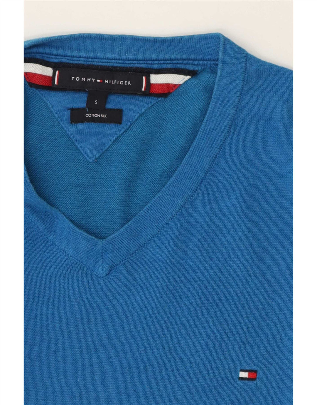 Tommy Hilfiger Ανδρικό πουλόβερ με λαιμόκοψη με V λαιμόκοψη, μικρό μπλε βαμβακερό