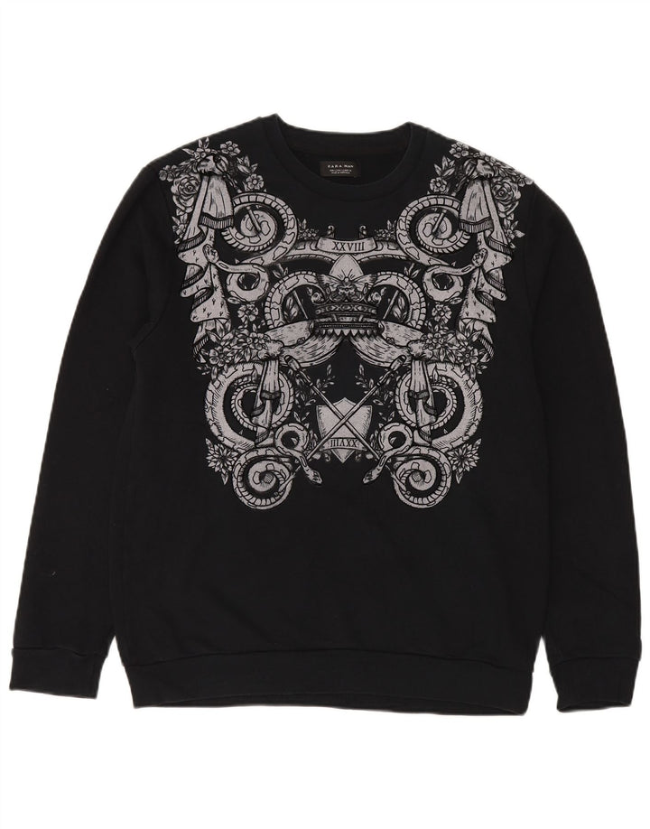 Ανδρικό γραφικό φούτερ Zara Jumper μεγάλο μαύρο βαμβακερό