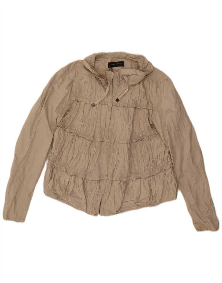Zara Γυναικείο Crop Bomber Jacket UK 14 Large Beige Cotton