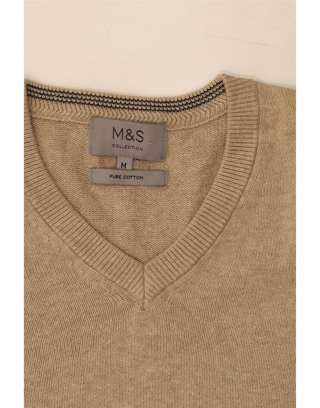 Marks & Spencer Ανδρικό πουλόβερ με λαιμόκοψη σε μεσαίο βαμβακερό μπεζ