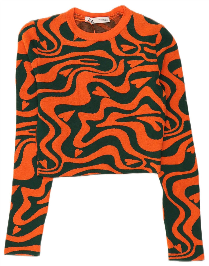 Zara Γυναικείο Abstract Pattern Crop Top μακρυμάνικο UK 8 Small Orange