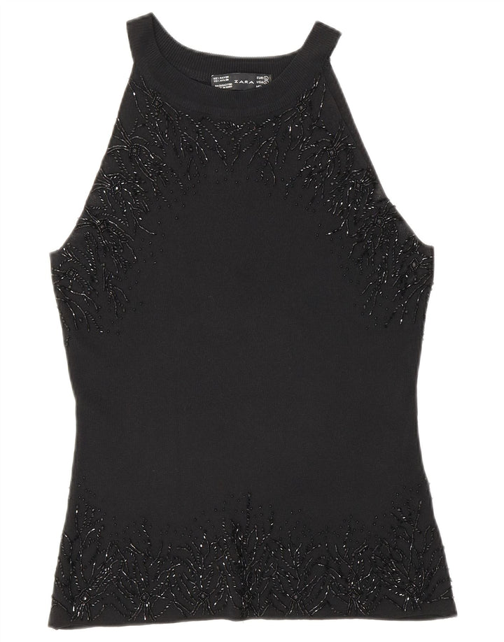 Zara Γυναικεία Αμάνικη Μπλούζα Τοπ UK 14 Large Black Rayon