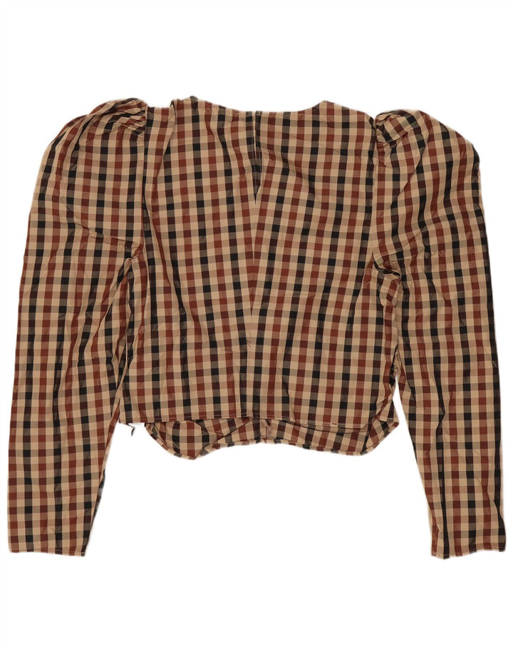 Γυναικεία Zara Crop μακρυμάνικη μπλούζα UK 10 Small Brown Gingham Polyester