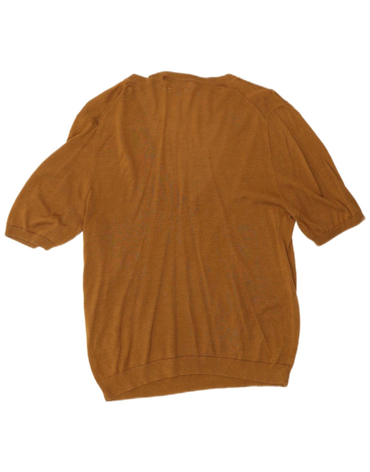 ZARA γυναικείο πουλόβερ με κοντό μανίκι V λαιμόκοψη UK 14 Μεγάλο Καφέ Μεταξωτό