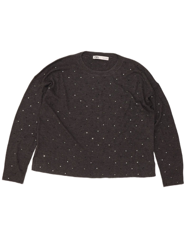 Zara Γυναικείο πουλόβερ με λαιμόκοψη Crop UK 10 Small Grey Spotted