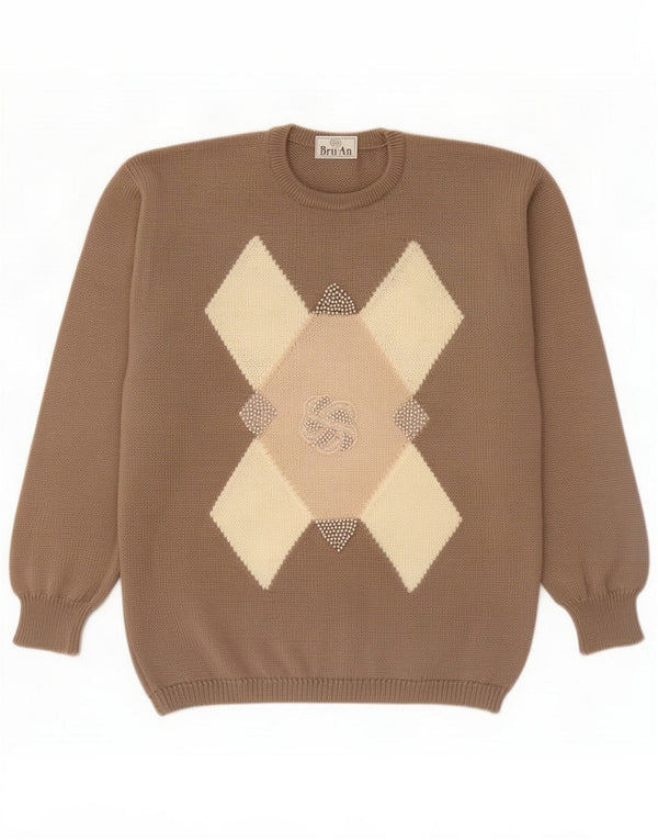 Vintage Womens Crew Neck Jumper πουλόβερ UK 16 Large Beige Argyle/Diamond