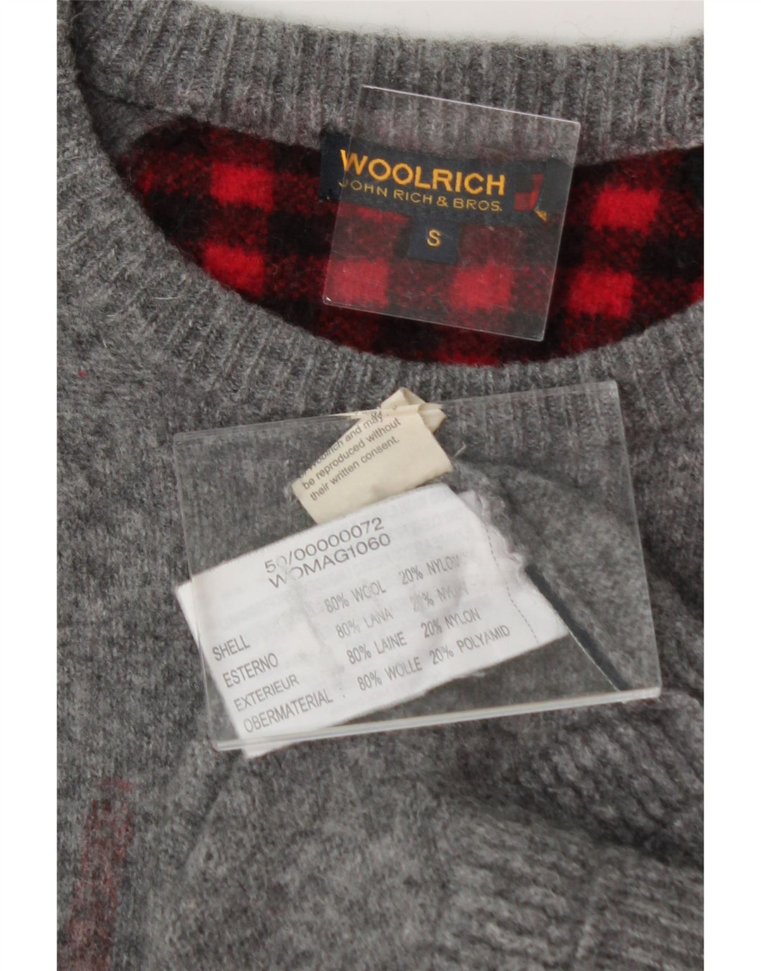 WOOLRICH Womens Graphic Crew Neck Jumper Sweater UK 10 Small Grey Wool Vintage Woolrich and Second-Hand Woolrich from Messina Hembry 