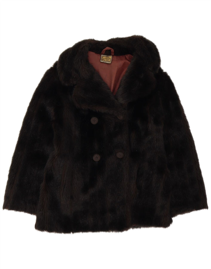 VINTAGE Γυναικείο παλτό με διπλό στήθος από συνθετική γούνα UK 10 Small Black Acrylic