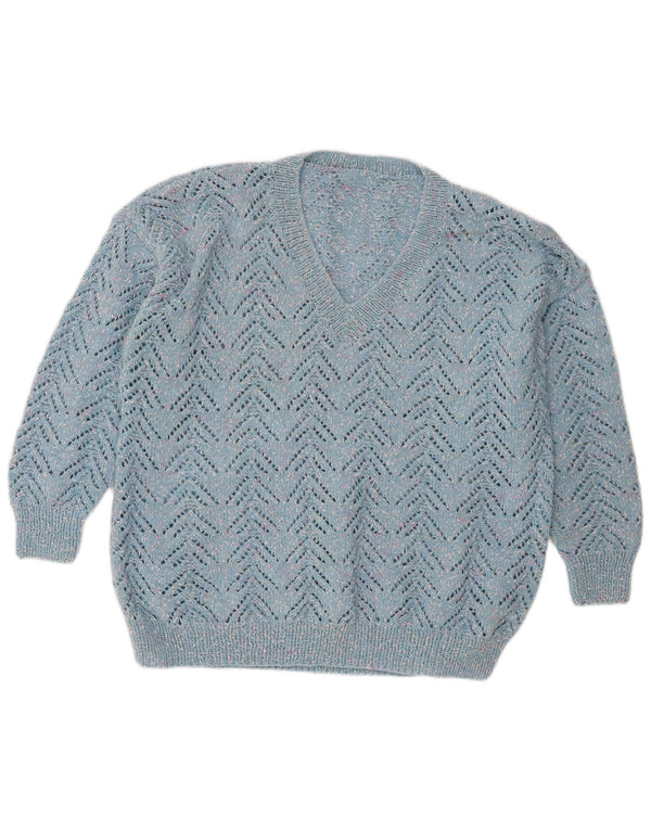 Vintage Womens V-Neck Jumper Sweater UK 18 XL Blue Chevron