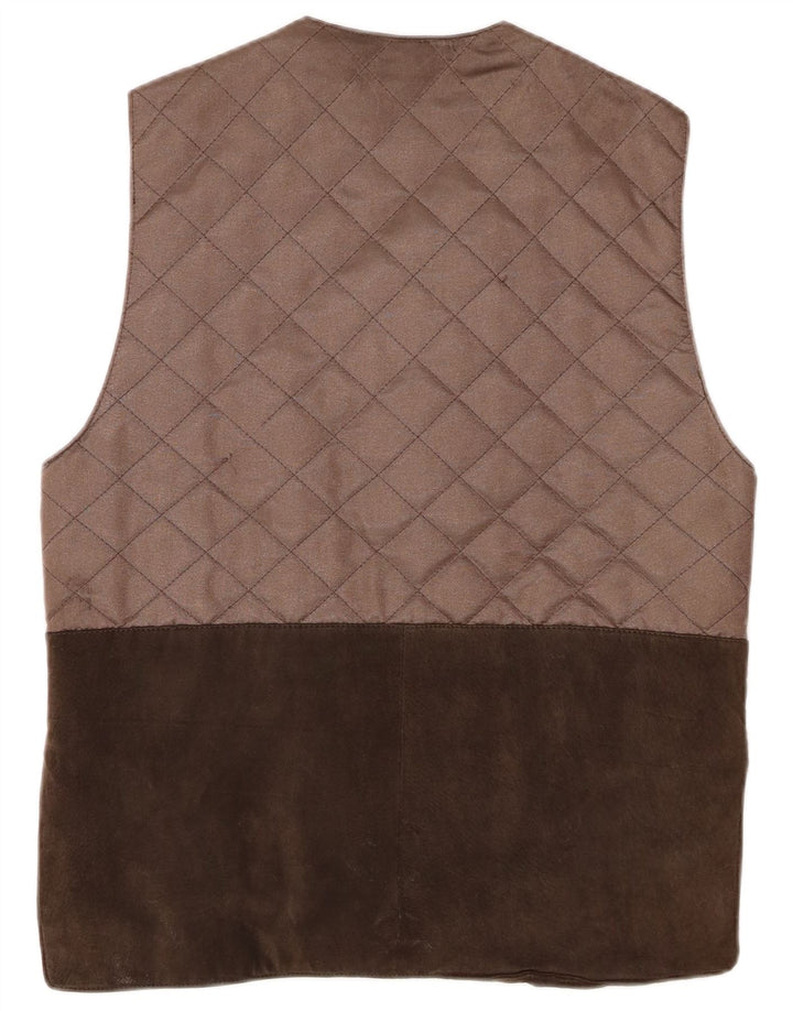 VINTAGE Γυναικείο καπιτονέ Gilet UK 14 Μεγάλο Καφέ Δέρμα