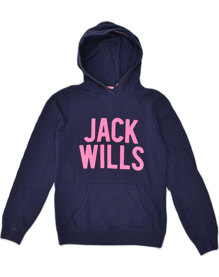 JACK WILLS Womens Graphic Hoodie Jumper UK 10 Small  Navy Blue Cotton | Vintage Jack Wills | Thrift | Second-Hand Jack Wills | Used Clothing | Messina Hembry 