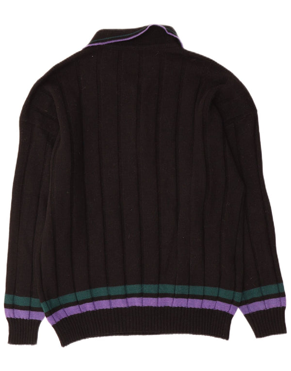 Vintage Mens Polo Neck Jumper Sweater XL Black Striped Wool