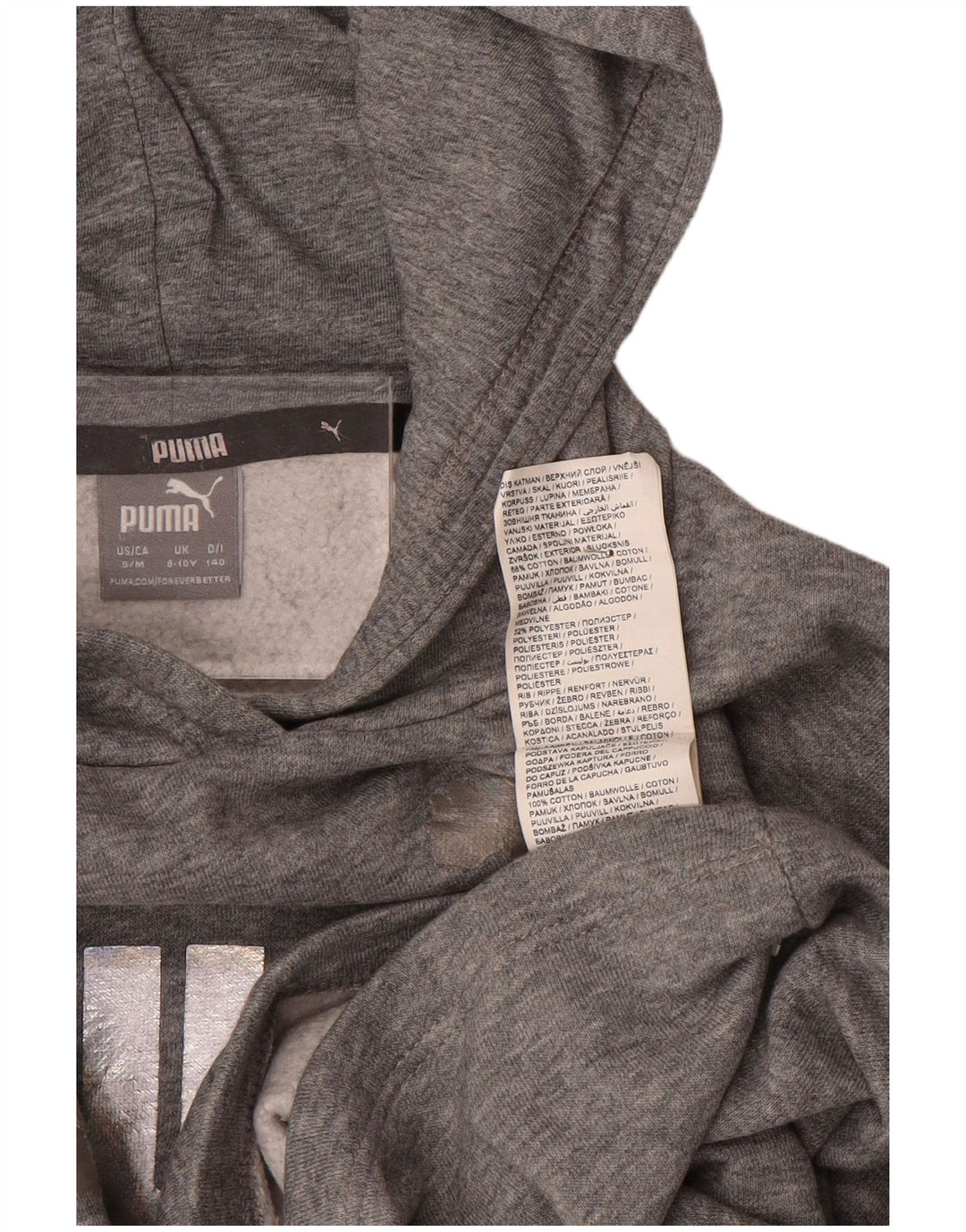 PUMA Girls Crop Graphic Hoodie Jumper 9-10 Years Grey Cotton