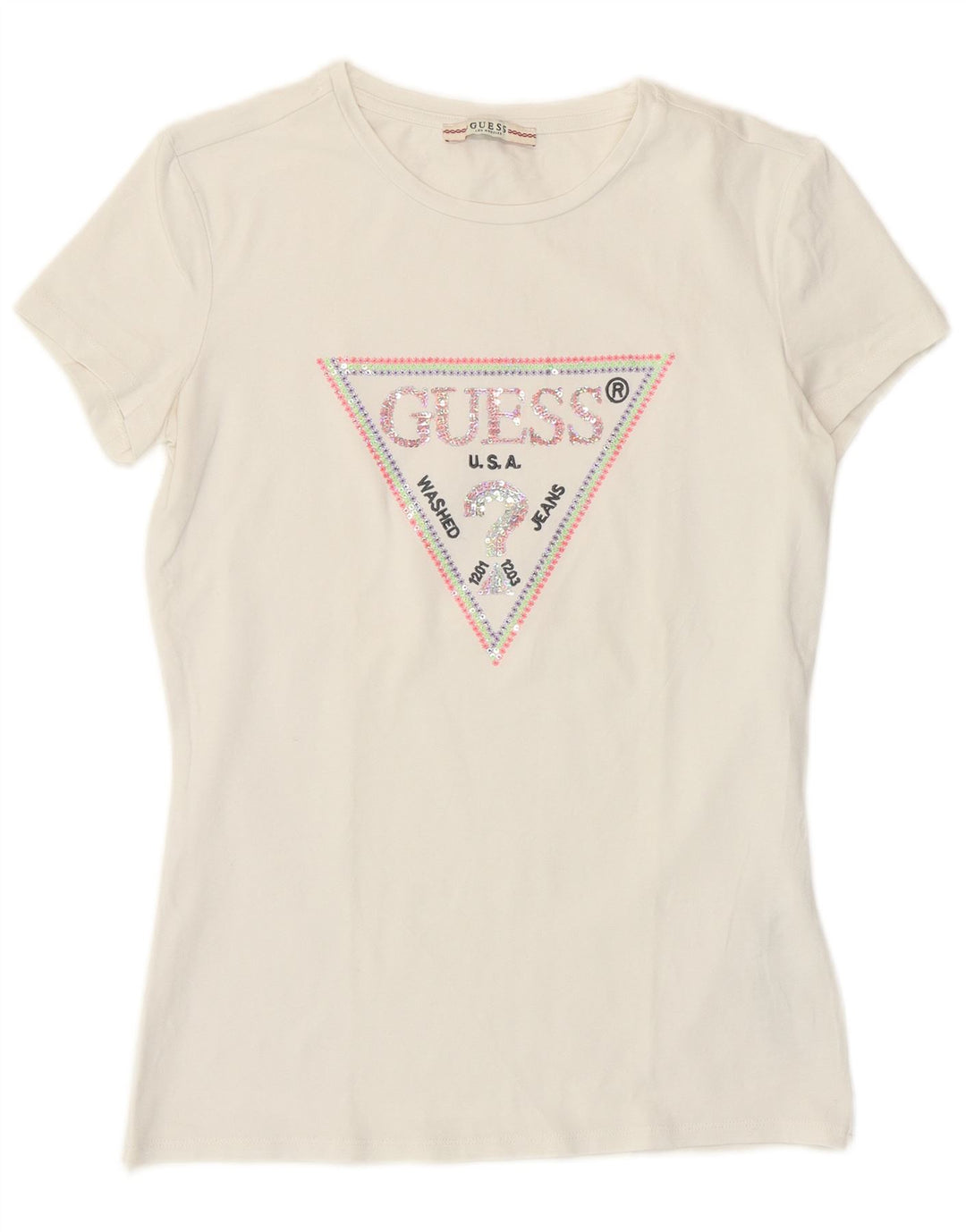 Γυναικείο γραφικό μπλουζάκι Guess Top UK 12 μεσαίο λευκό βαμβακερό