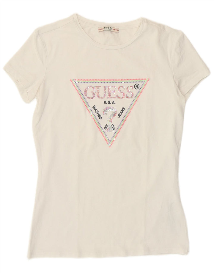 Γυναικείο γραφικό μπλουζάκι Guess Top UK 12 μεσαίο λευκό βαμβακερό