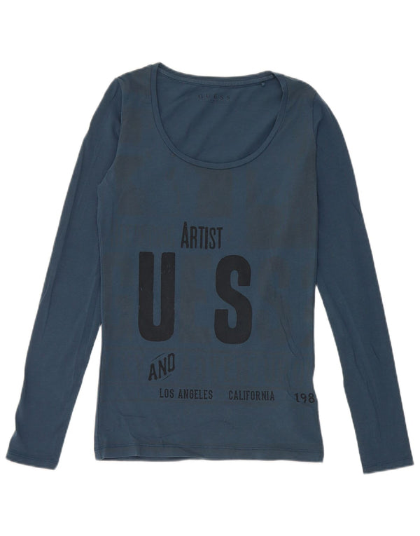 Guess Womens Artist Graphic Top Μακρυμάνικο UK 6 XS Μπλε Βαμβακερό
