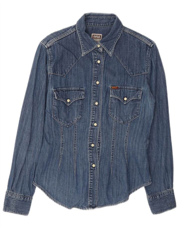 RIFLE Γυναικείο τζιν πουκάμισο UK 10 Small μπλε βαμβακερό