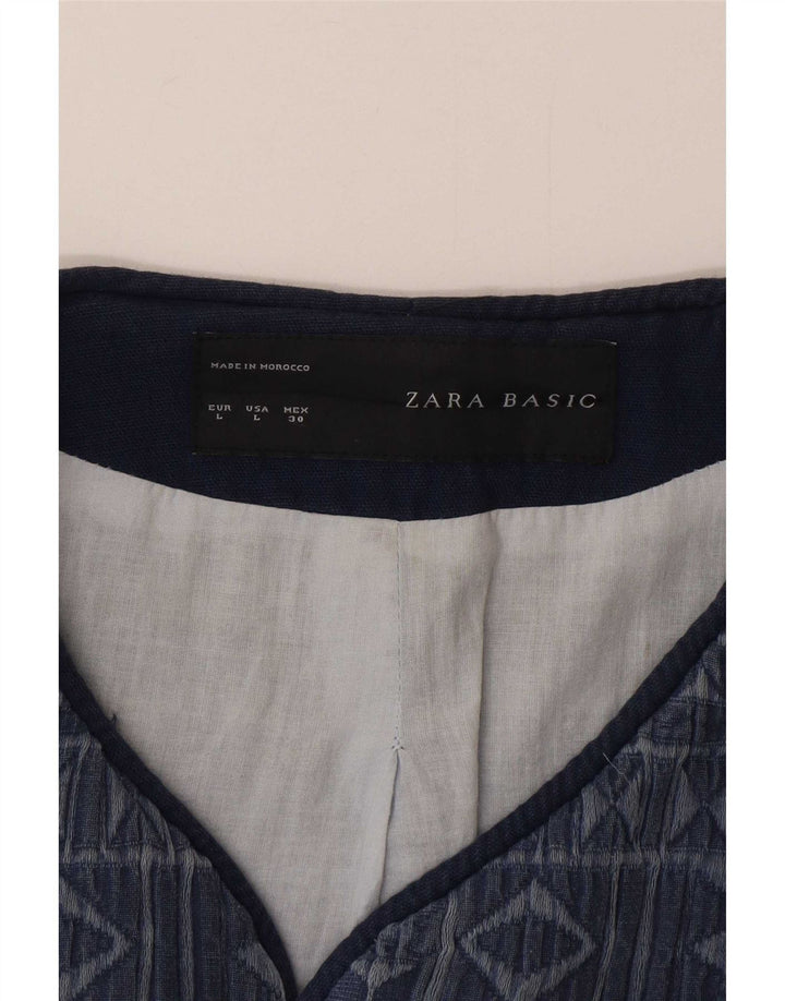 Zara Γυναικείο Ανοιχτό Παλτό UK 16 Large Navy Blue Geometric Cotton